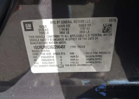 2016 Chevrolet Silverado 1500 1Lt z USA, uszkodzony, nr VIN 1GCRCREC3GZ296482